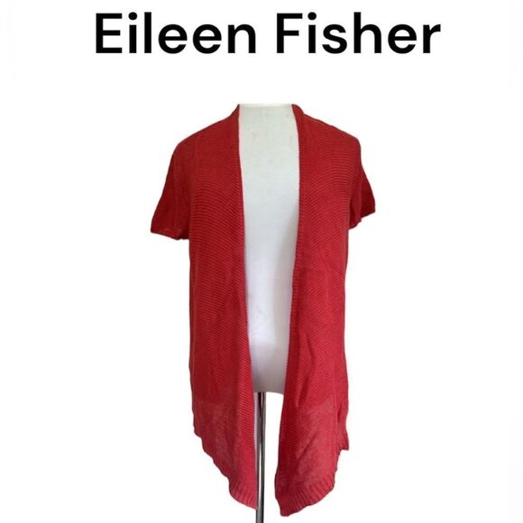 Eileen Fisher Y2K Open Cardigan Sweater Vest 100% Linen Rust Orange M - Picture 1 of 9